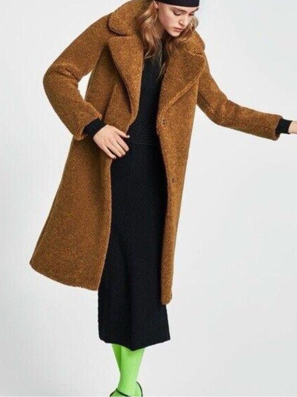 Zara Brown Teddy Faux-Shearling Mid-Length Coat Size Medium - Picture 3 of 13